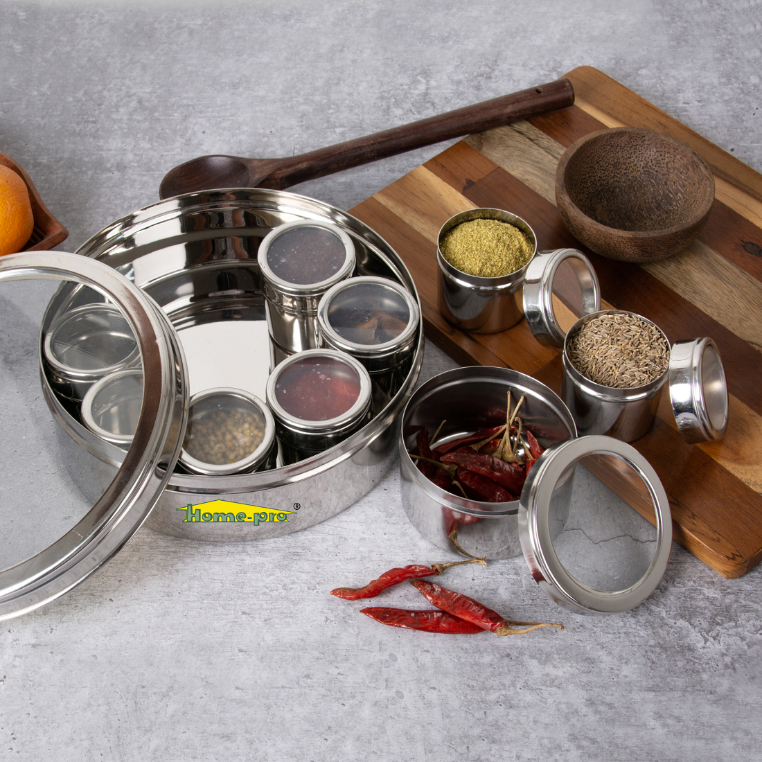 See Through lid Neelam Masala Dabba 22.5 CM Diameter - Homeproindia.com