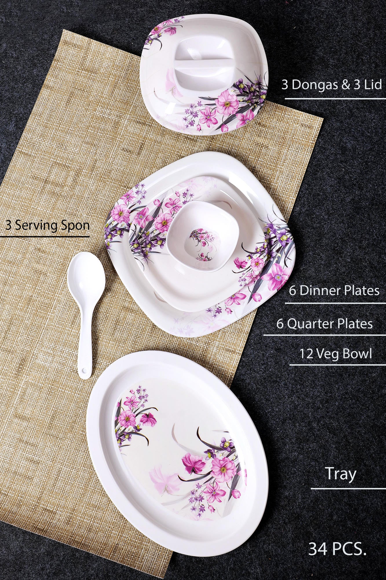 Glamour 34 Pieces Melamine Dinner Set - Homeproindia.com