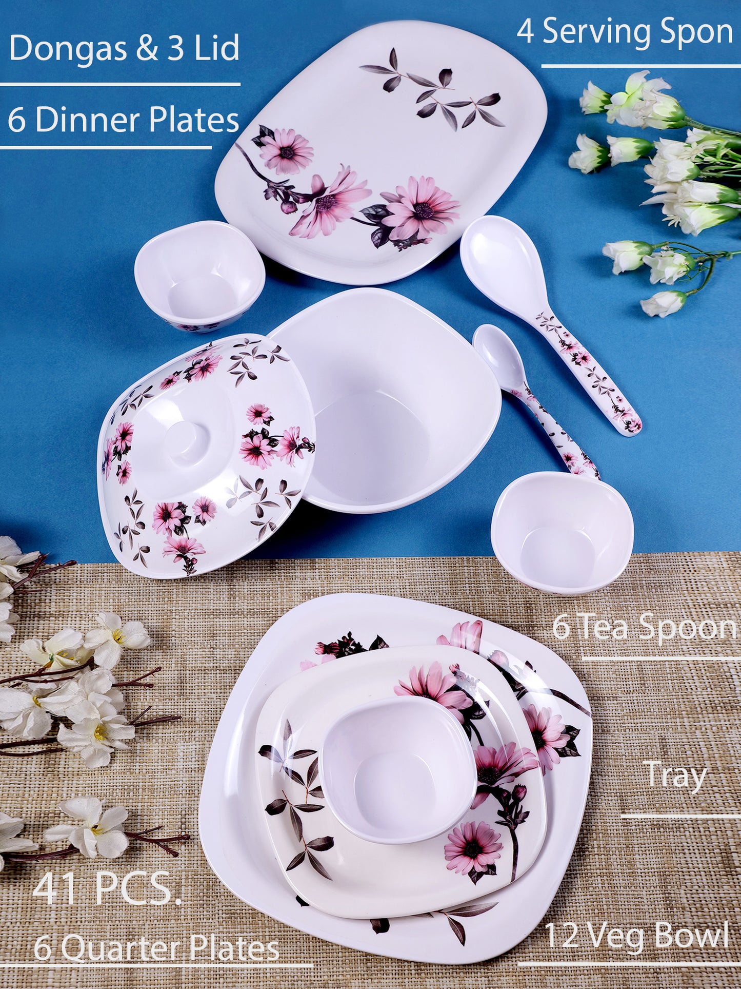 Tulips 41 Pieces Melamine Dinner Set - Homeproindia.com