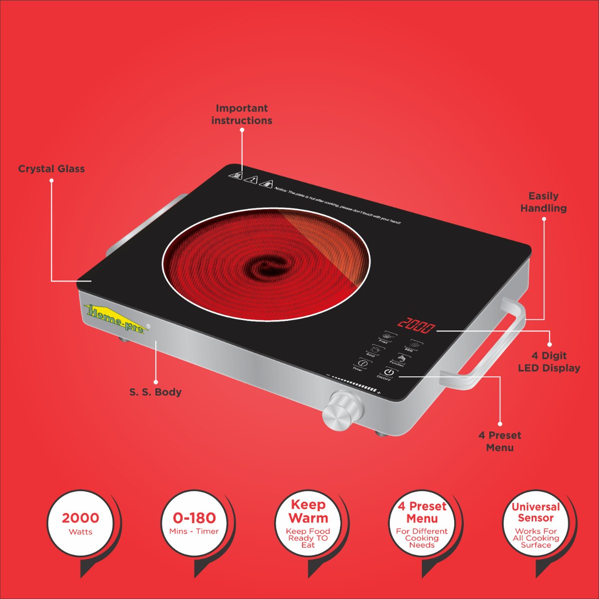 Home-pro Infrered Electric Induction CookTop With Touch Panel 2000W