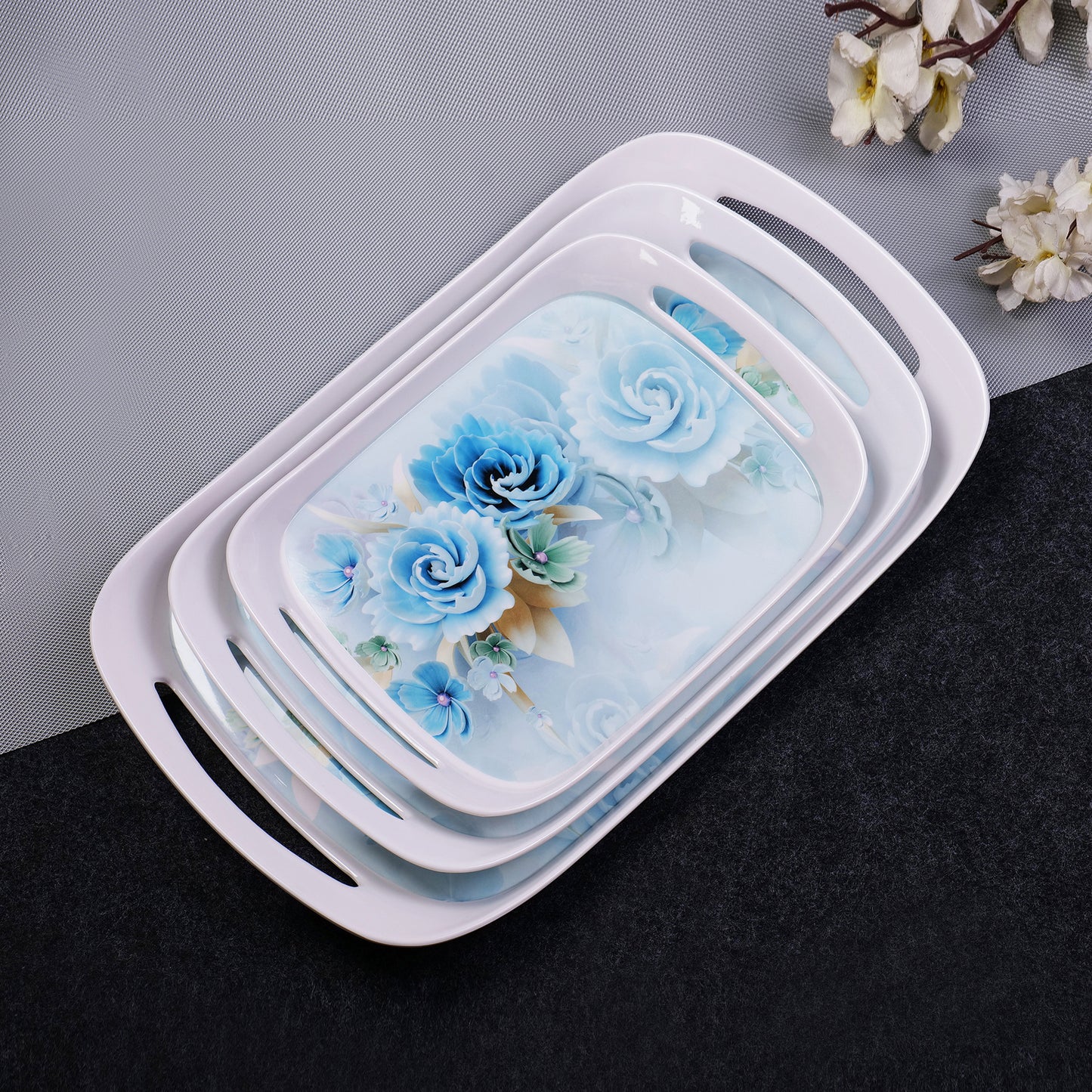 Blue Floral Design Melamine Serving Tray - Homeproindia.com