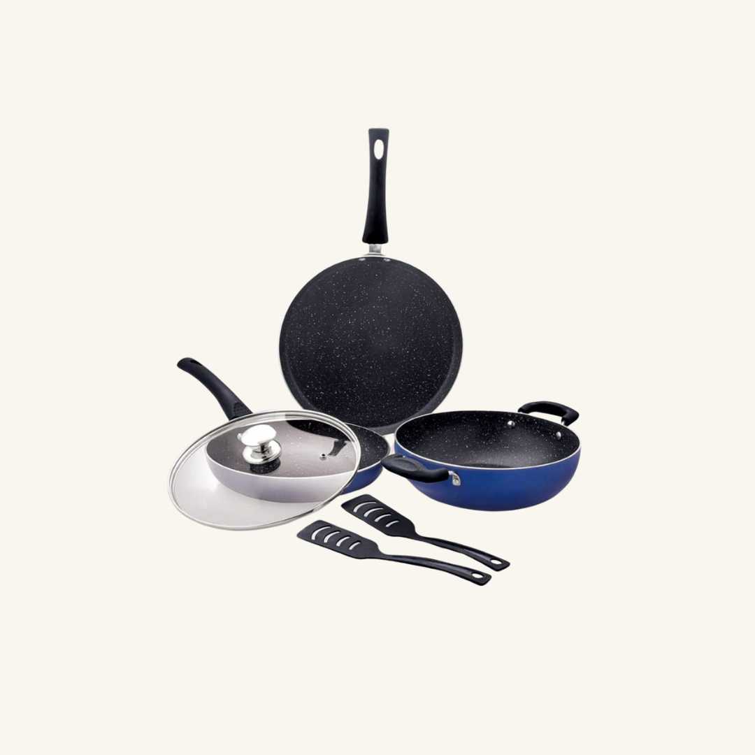 Non-Stick Cookware Set -3mm Dosa Tawa, Fry Pan & Kadai With Glass Lid