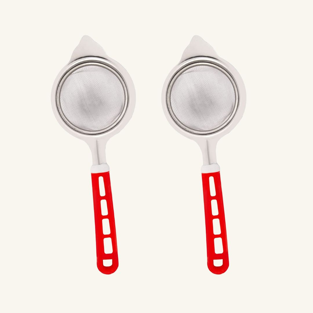 Tea Strainer| Stainless Steel Filter | Chalni Kitchen Tool | Red Pack of 2