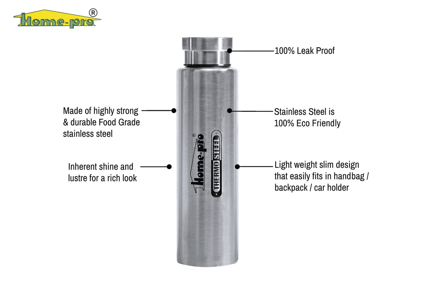 800ml Vacuum Steel Water Silver Bottle - Homeproindia.com