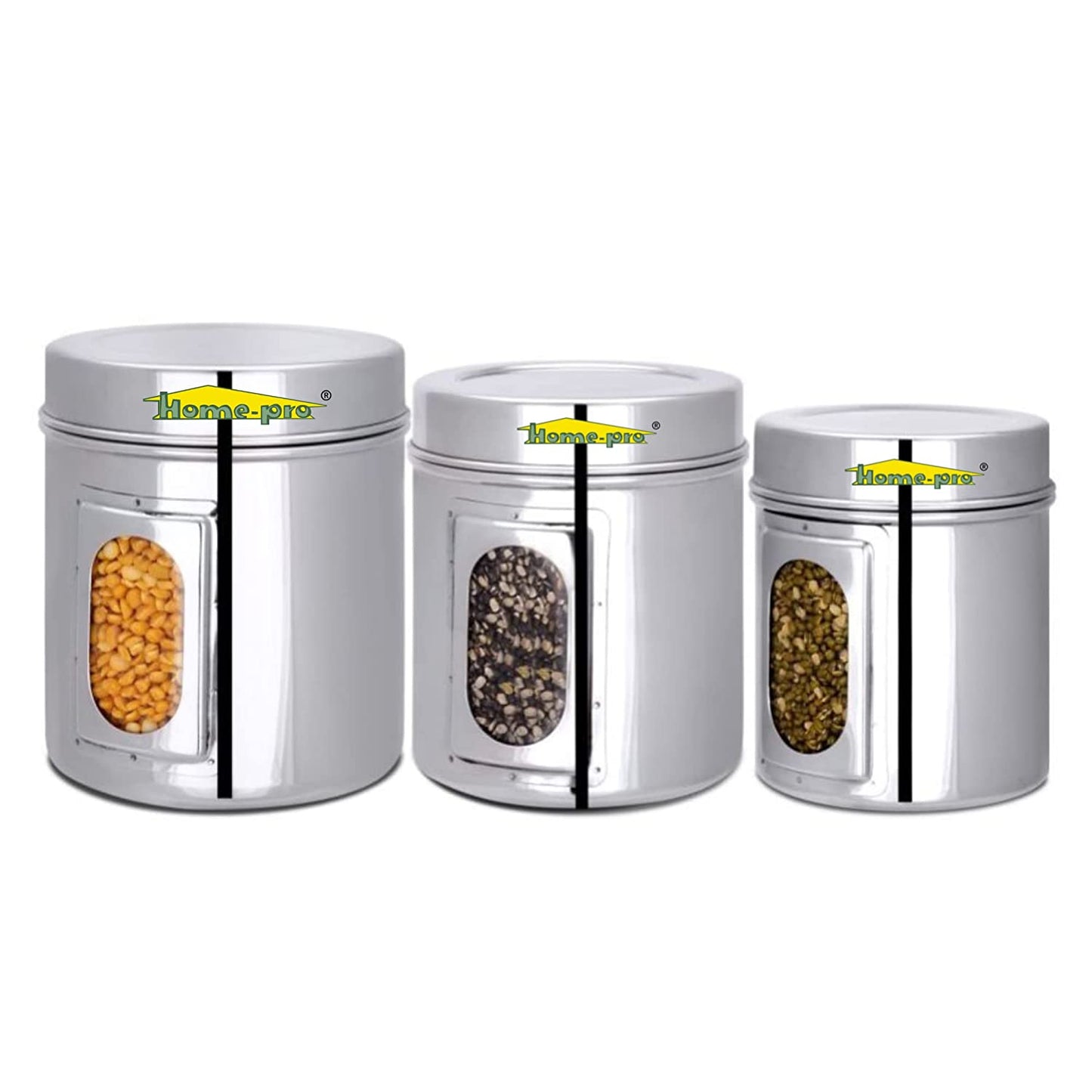 Stainless Steel Canister See through set of 3 1150ml, 1500ml & 1900ml - Homeproindia.com