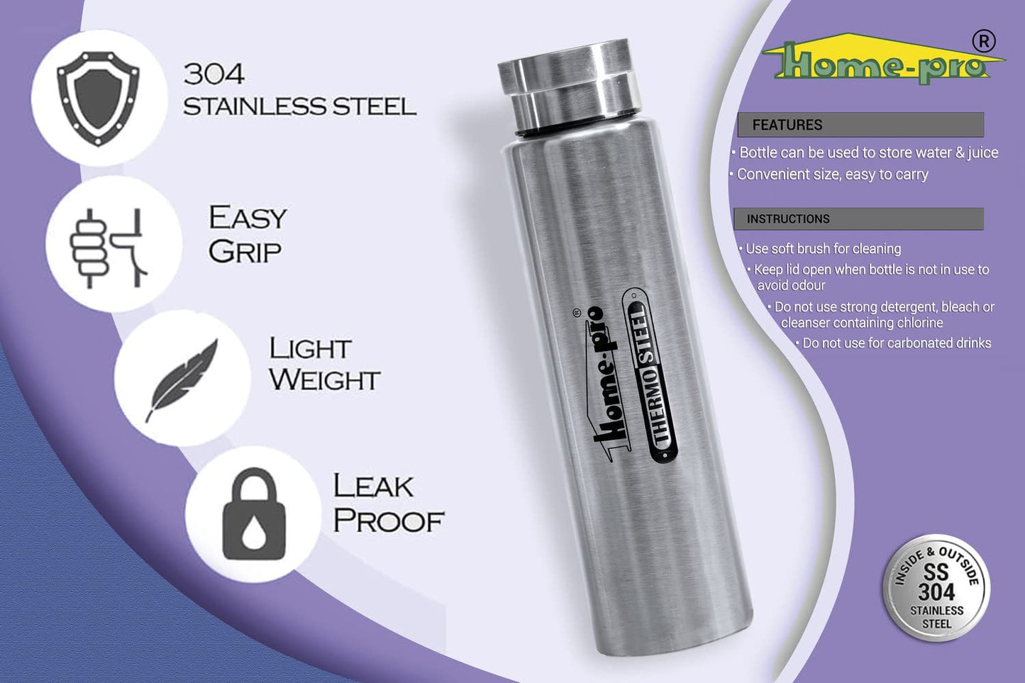 800ml Vacuum Steel Water Silver Bottle - Homeproindia.com