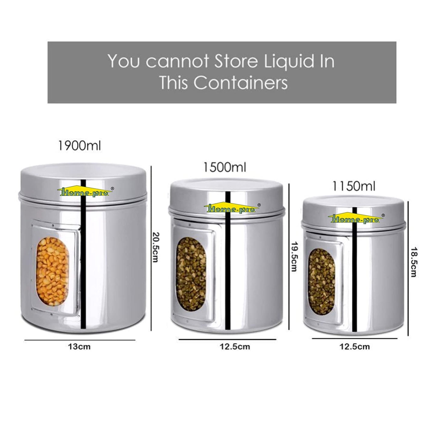 Stainless Steel Canister See through set of 3 1150ml, 1500ml & 1900ml - Homeproindia.com