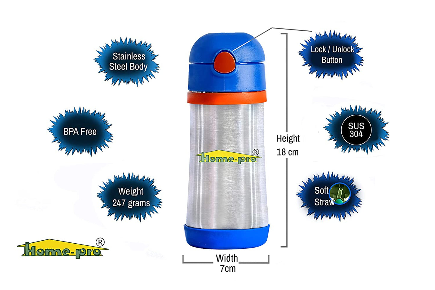 Stainless Steel Blue Insulated Baby Vacuum Bottle 350ml - Homeproindia.com