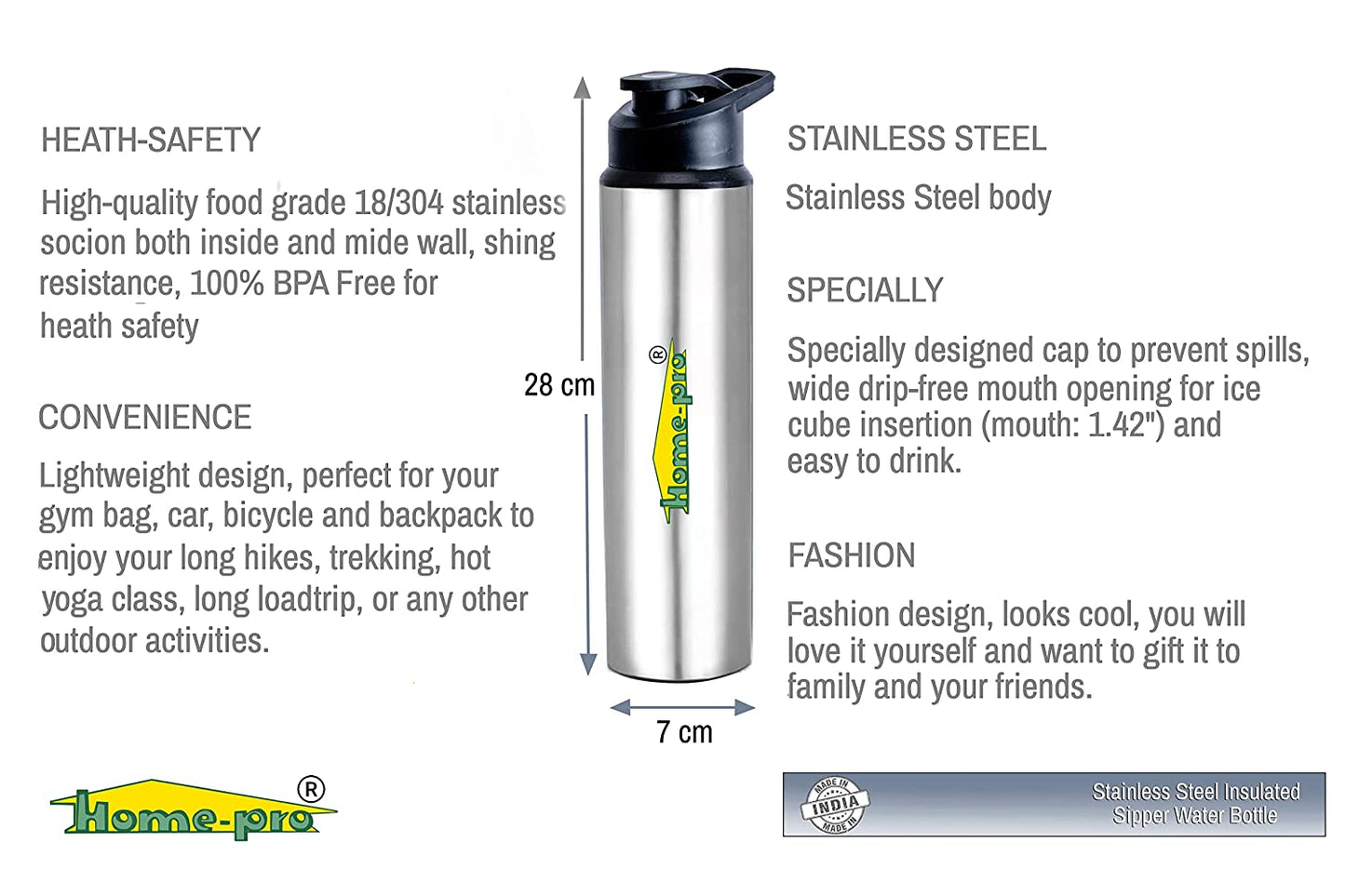 Stainless Steel Sipper 1000ml bottle Pack of 2 - Homeproindia.com