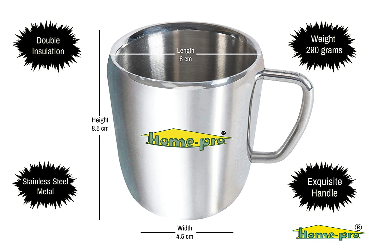 Stainless Steel Double Walled Glossy Coffee Mug Jumbo (300 ML Each) - Homeproindia.com