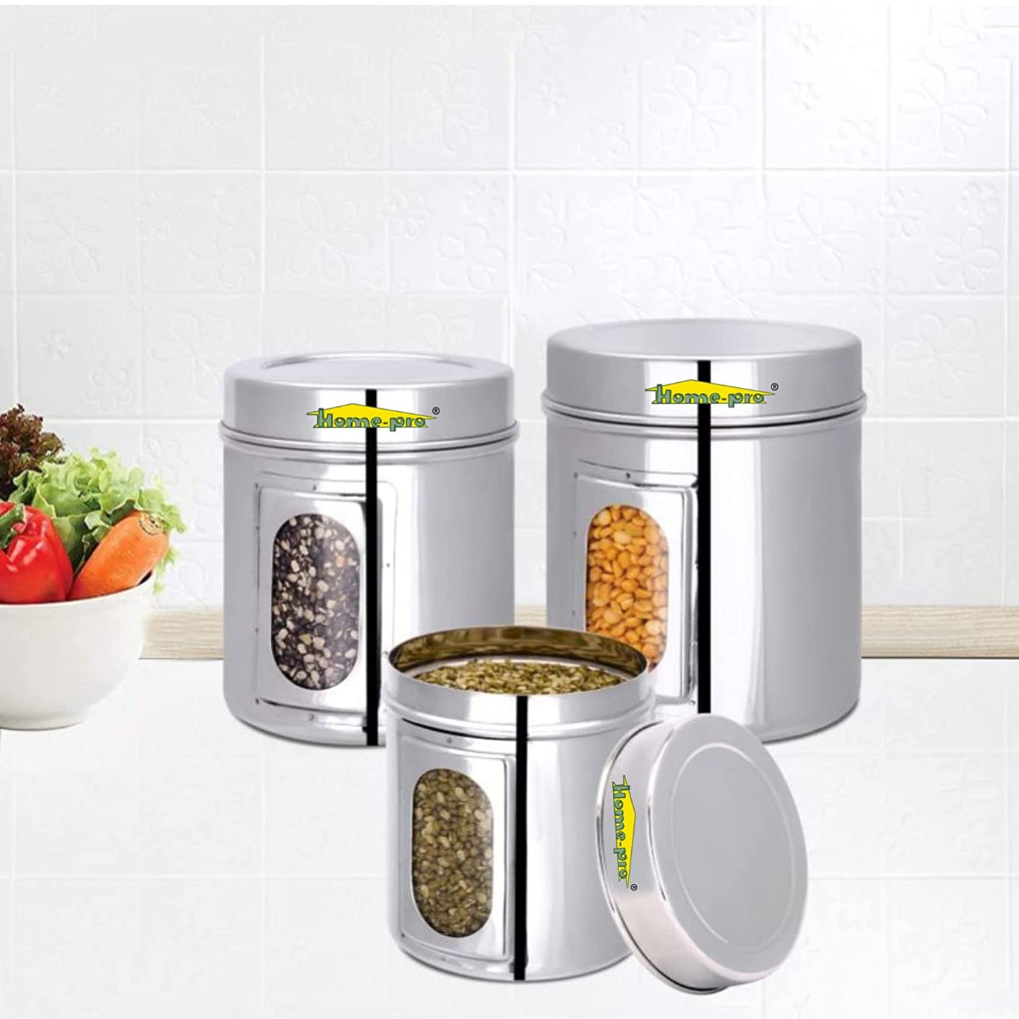 Stainless Steel Canister See through set of 3 1150ml, 1500ml & 1900ml - Homeproindia.com