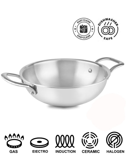 HOME-PRO Triply Stainless Steel Kadhai 26cm Diameter with lid 3.6L Capacity