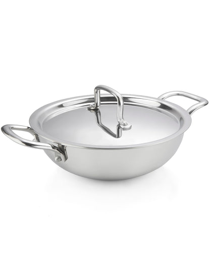 HOME-PRO Triply Stainless Steel Kadhai 26cm Diameter with lid 3.6L Capacity
