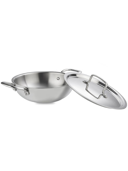 HOME-PRO Triply Stainless Steel Kadhai 26cm Diameter with lid 3.6L Capacity