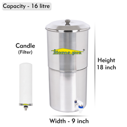 Stainless Steel Non Electric Water Filter with Long Ceramic Candle - Homeproindia.com