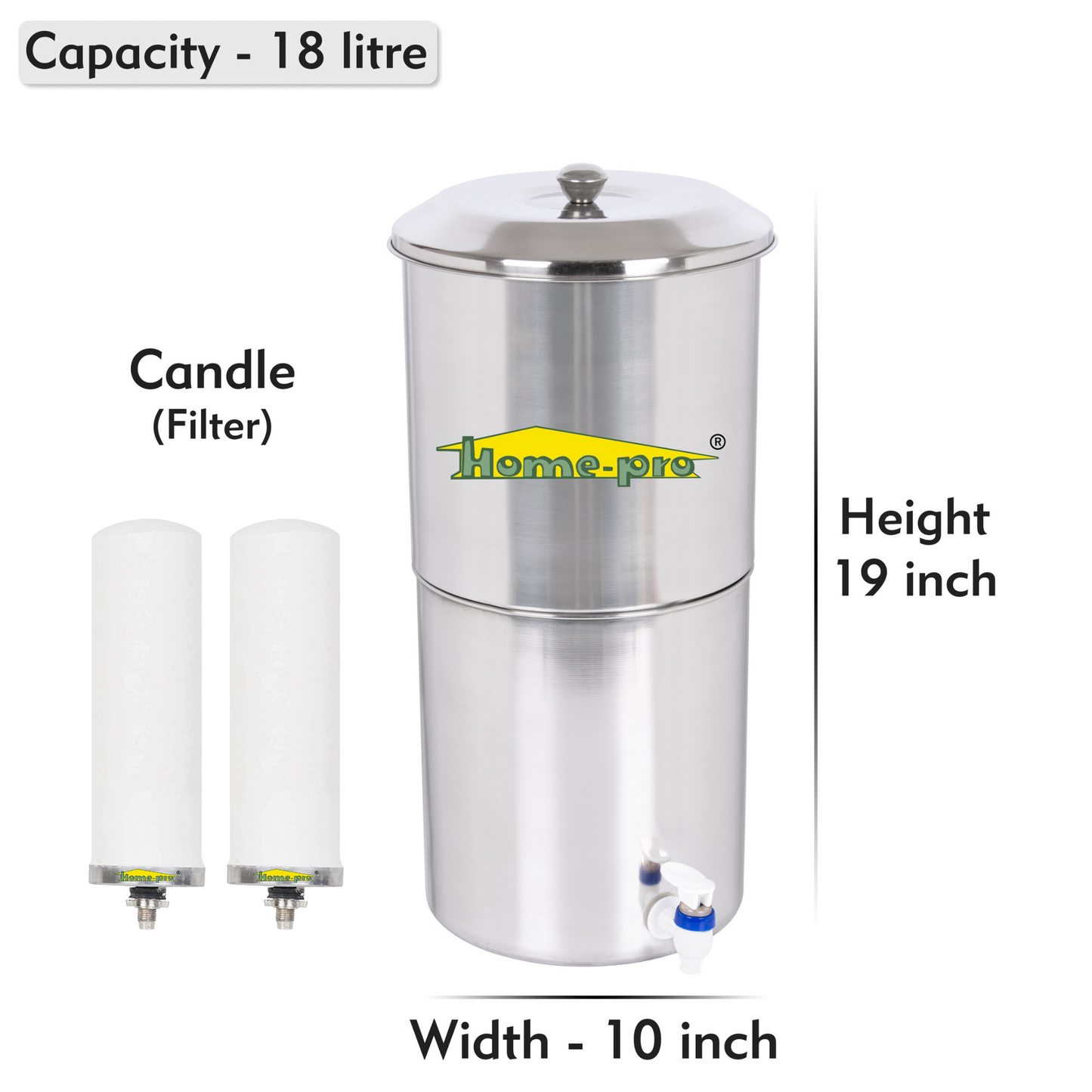 Stainless Steel Non Electric Water Filter with Long Ceramic Candle - Homeproindia.com