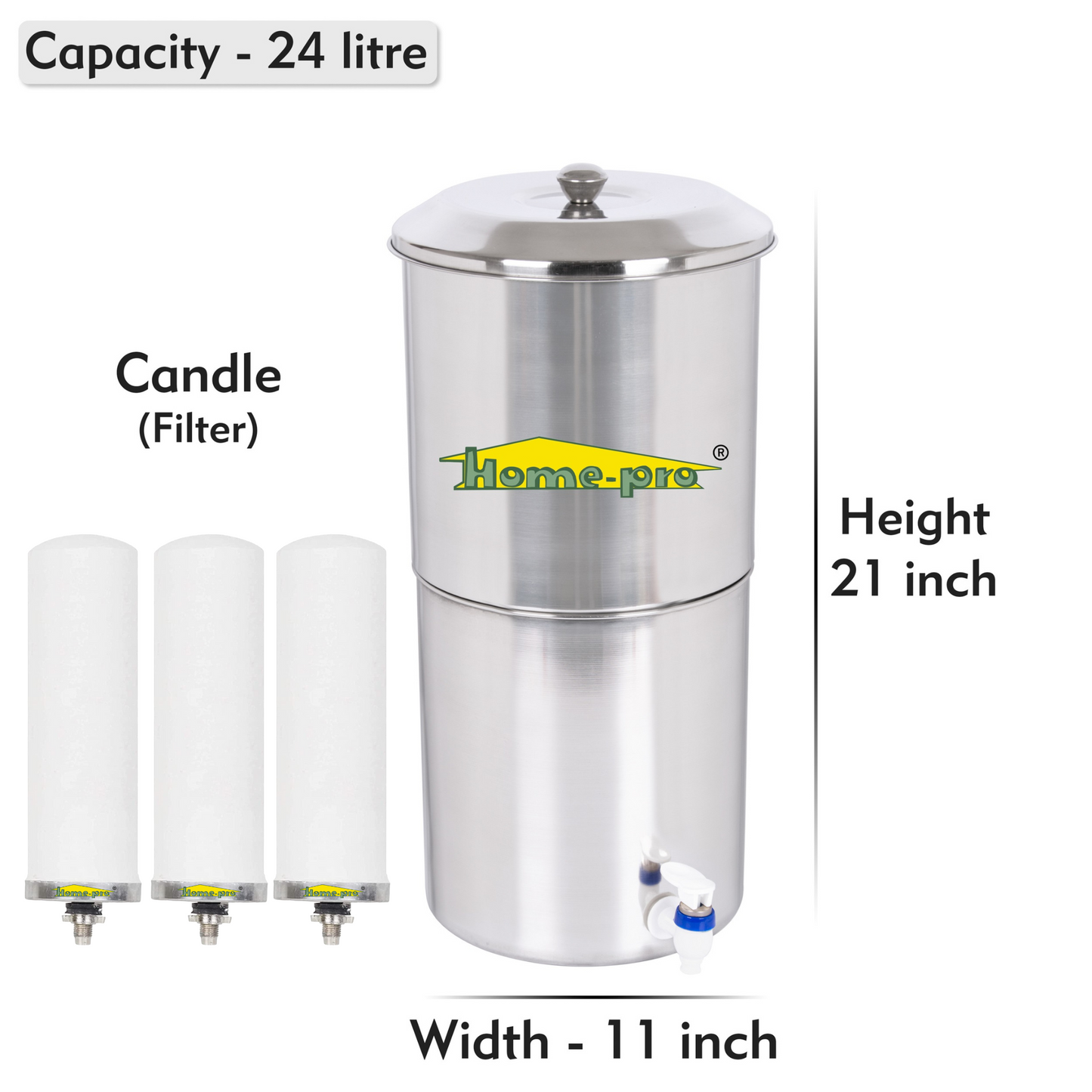 Stainless Steel Non Electric Water Filter with Long Ceramic Candle - Homeproindia.com