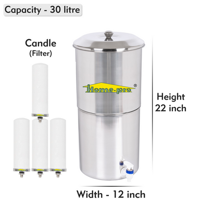 Stainless Steel Non Electric Water Filter with Long Ceramic Candle - Homeproindia.com