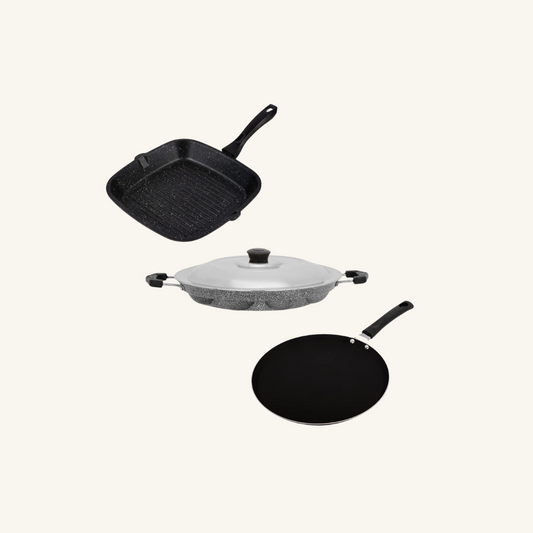 Grill Pan , Black Dosa Tawa & Silver Appam Combo