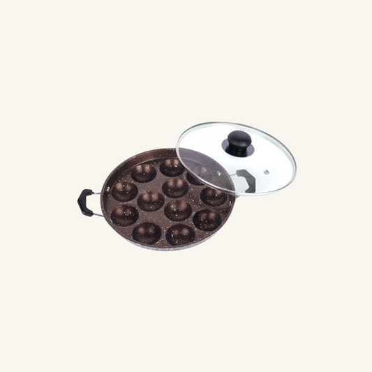 Non-Stick Appam Pan 12 Cavity  2 Side Handle and Glass Lid, Silver