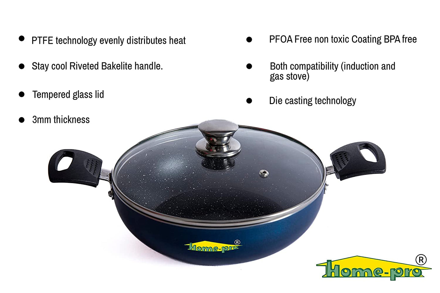 Non-Stick Blue Kadai with Glass lid - Homeproindia.com