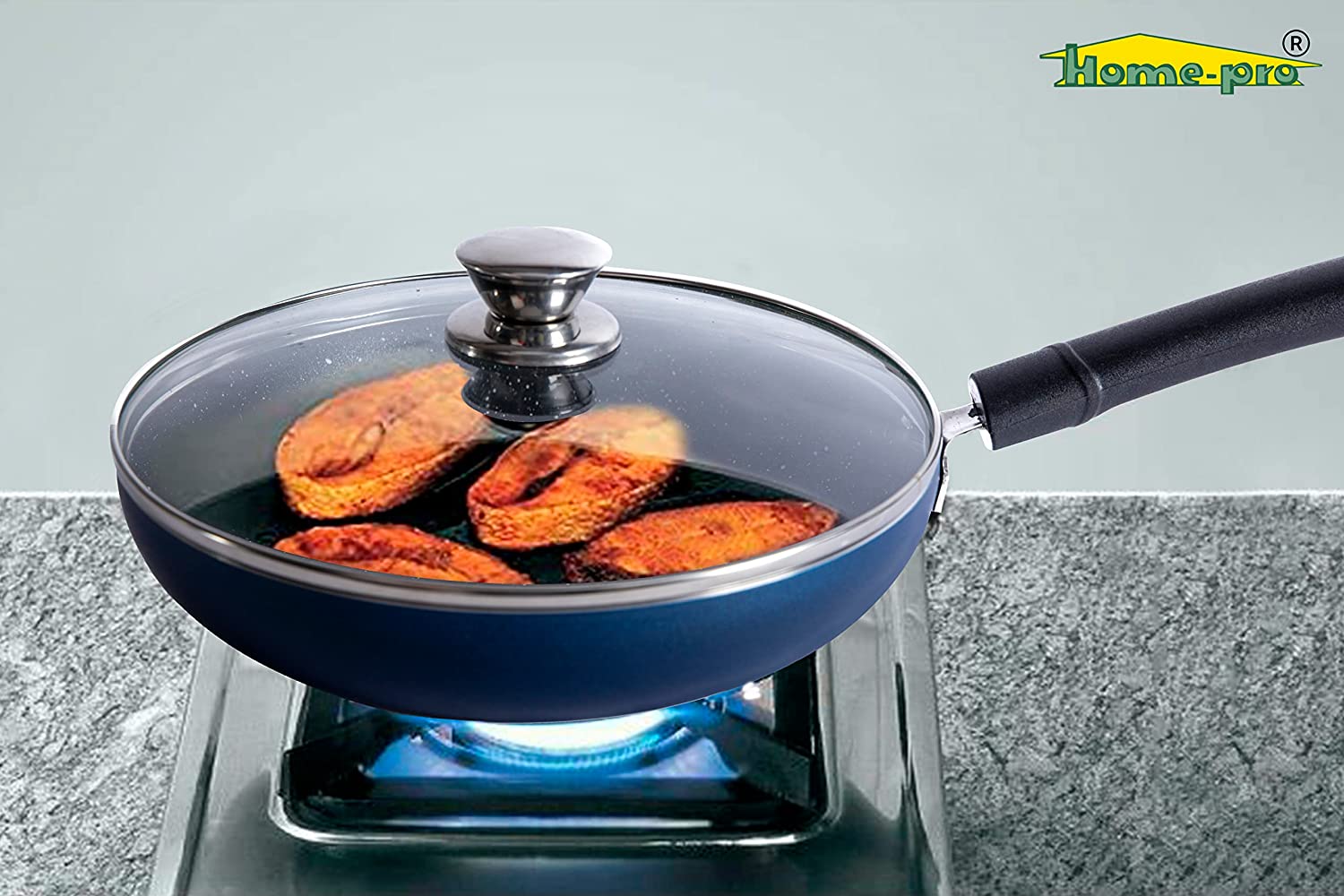 Non-Stick Blue Fry Pan with Glass lid 3mm - Homeproindia.com