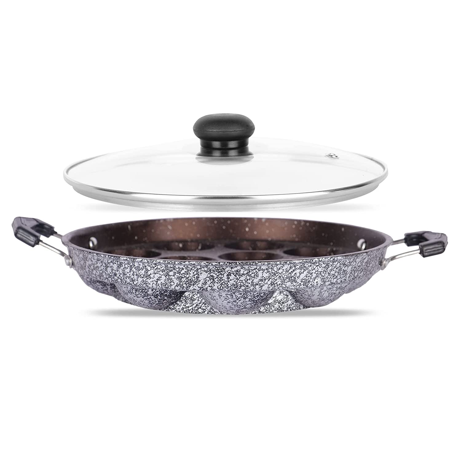 Non-Stick Appam Pan 12 Cavity  2 Side Handle and Glass Lid, Silver - Homeproindia.com