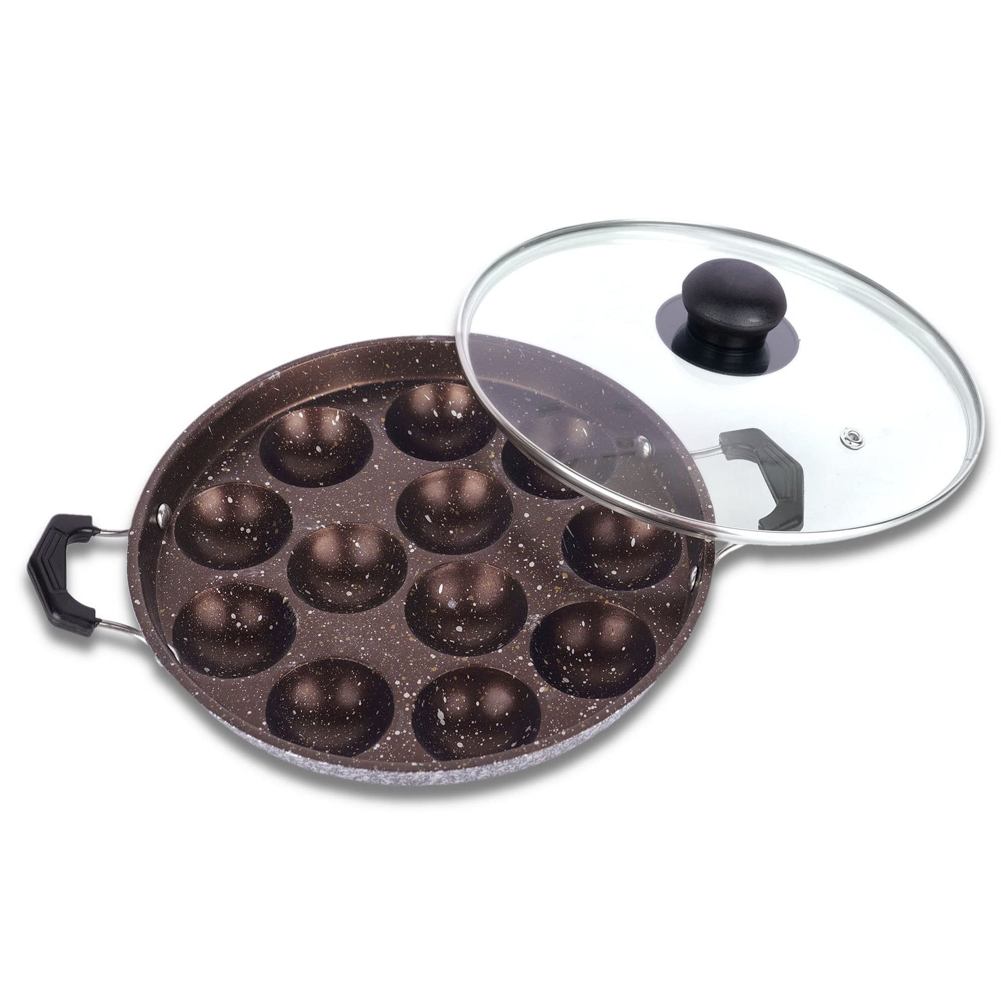 Non-Stick Appam Pan 12 Cavity  2 Side Handle and Glass Lid, Silver - Homeproindia.com