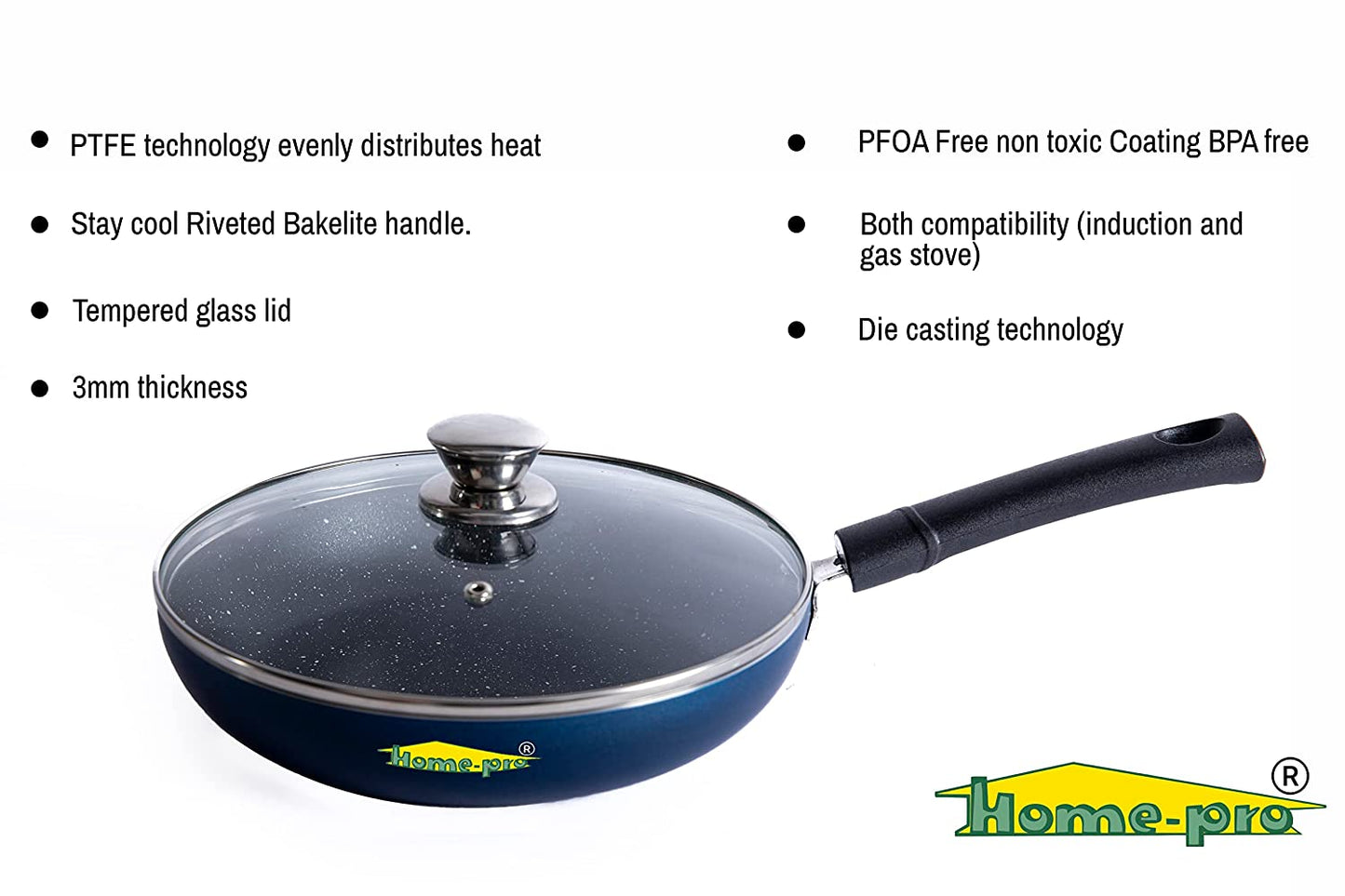 Non-Stick Blue Fry Pan with Glass lid 3mm - Homeproindia.com