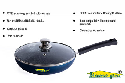 Non-Stick Blue Fry Pan with Glass lid 3mm - Homeproindia.com