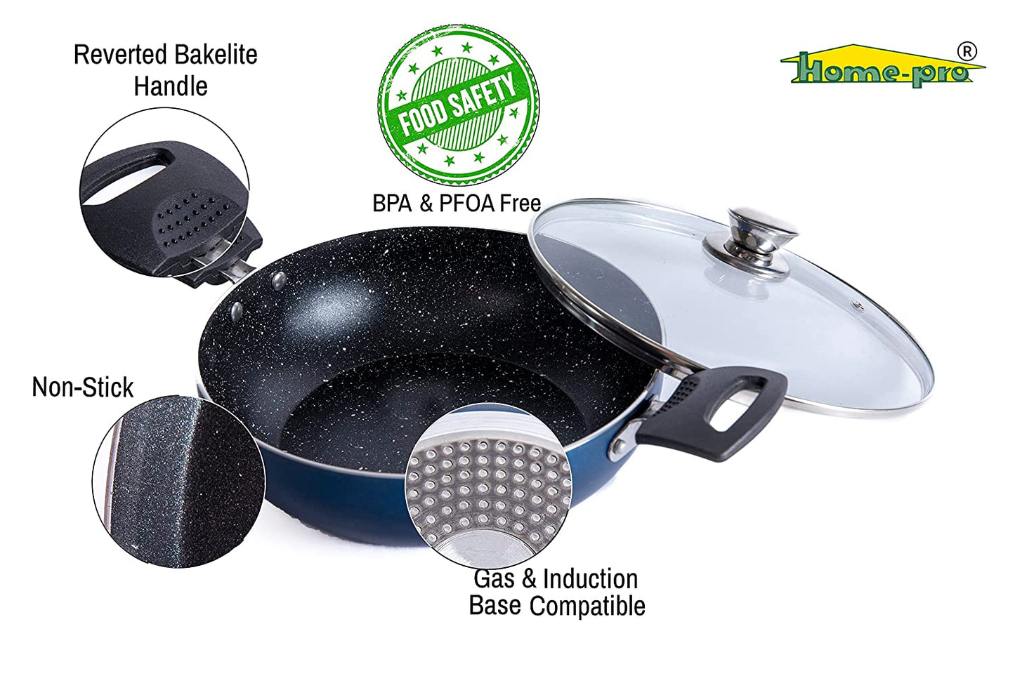 Non-Stick Blue Kadai with Glass lid - Homeproindia.com