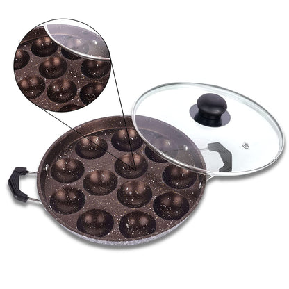 Non-Stick Appam Pan 12 Cavity  2 Side Handle and Glass Lid, Silver - Homeproindia.com