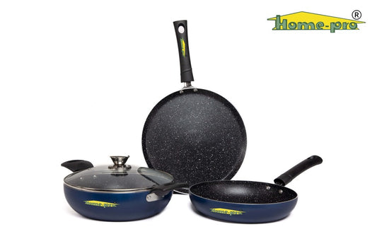 Non-Stick Cookware Set -3mm Dosa Tawa, Fry Pan & Kadai With Glass Lid - Homeproindia.com